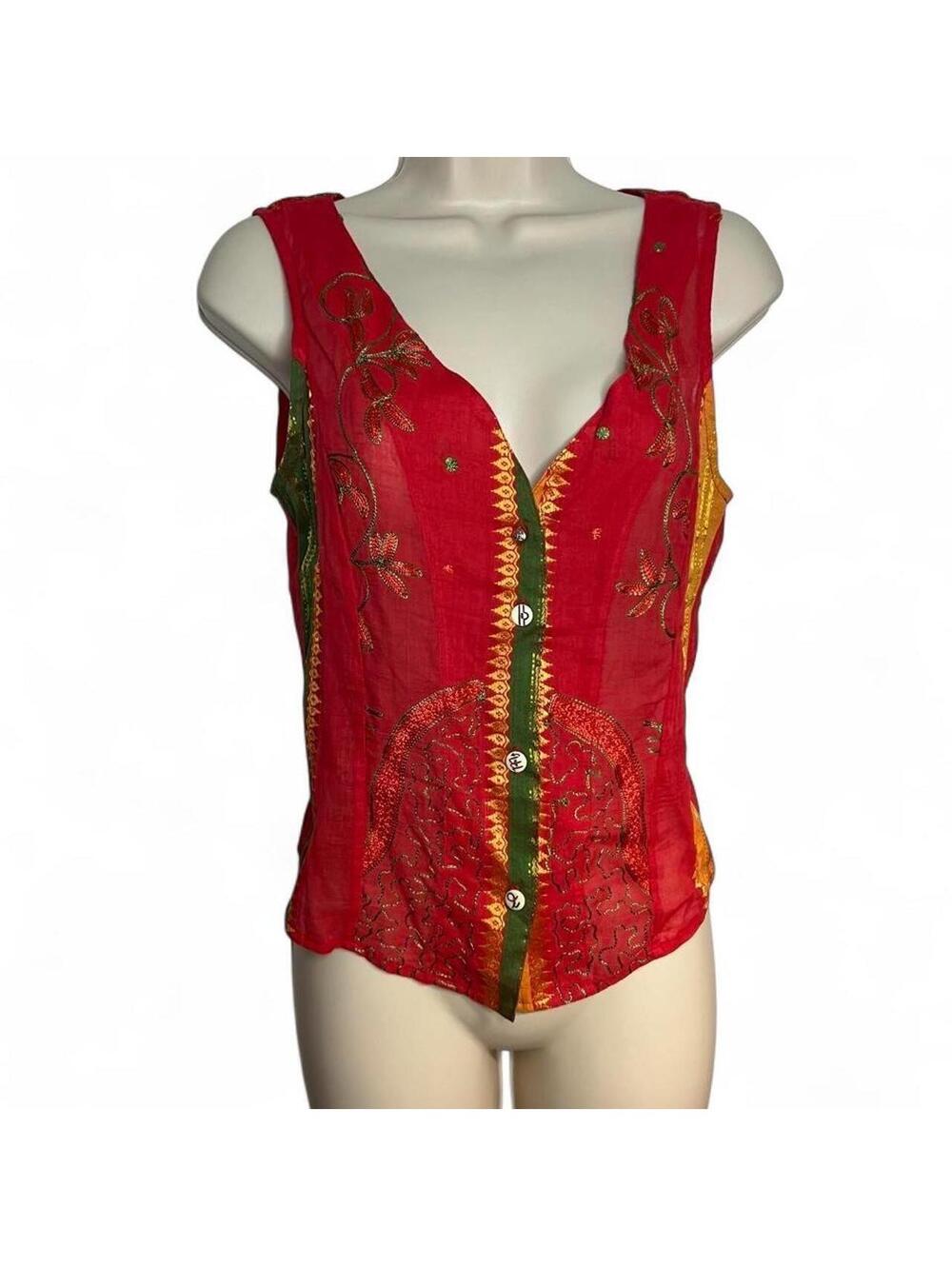 Vintage Paul Ropp Vest Medium Red 100% Cotton Embroidered Sequin Boho Blouse